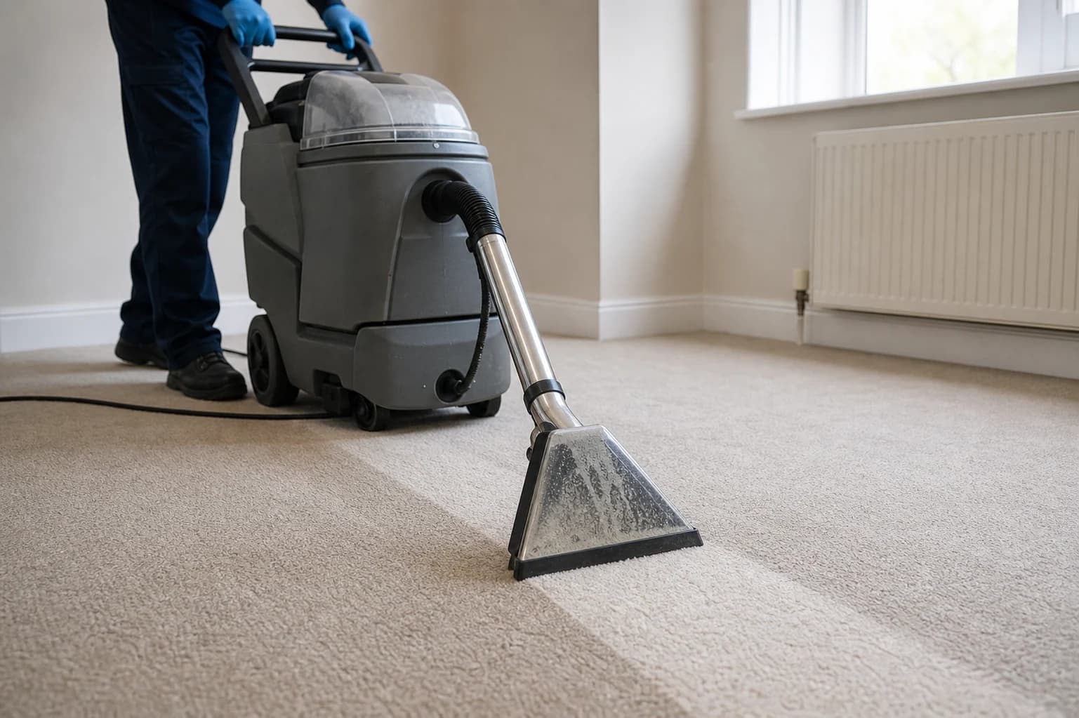 Professional carpet extraction equipment cleaning a pale carpet in a UK flat