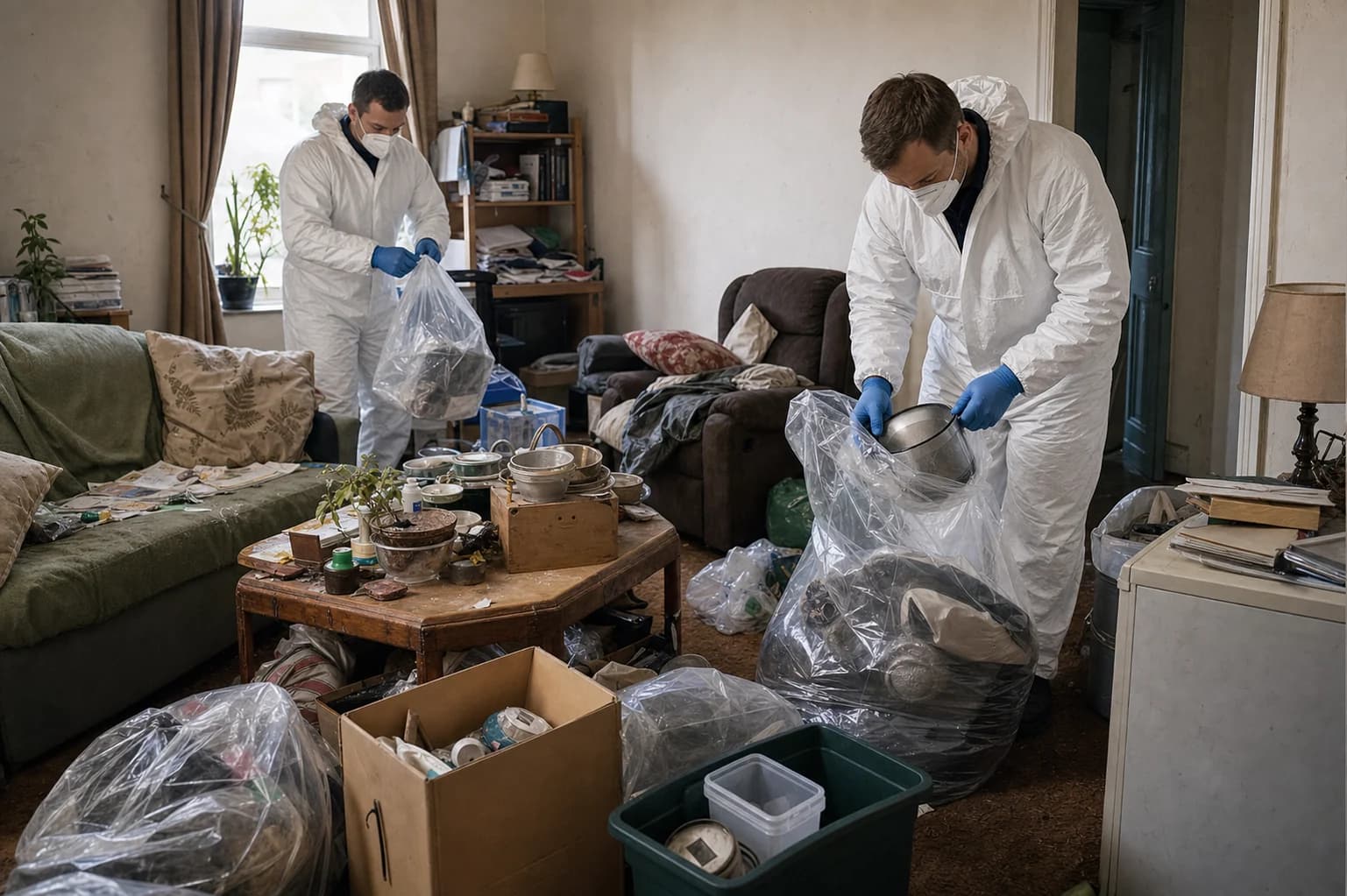 Specialist-cleaning team carefully sorting a cluttered living room during clearance
