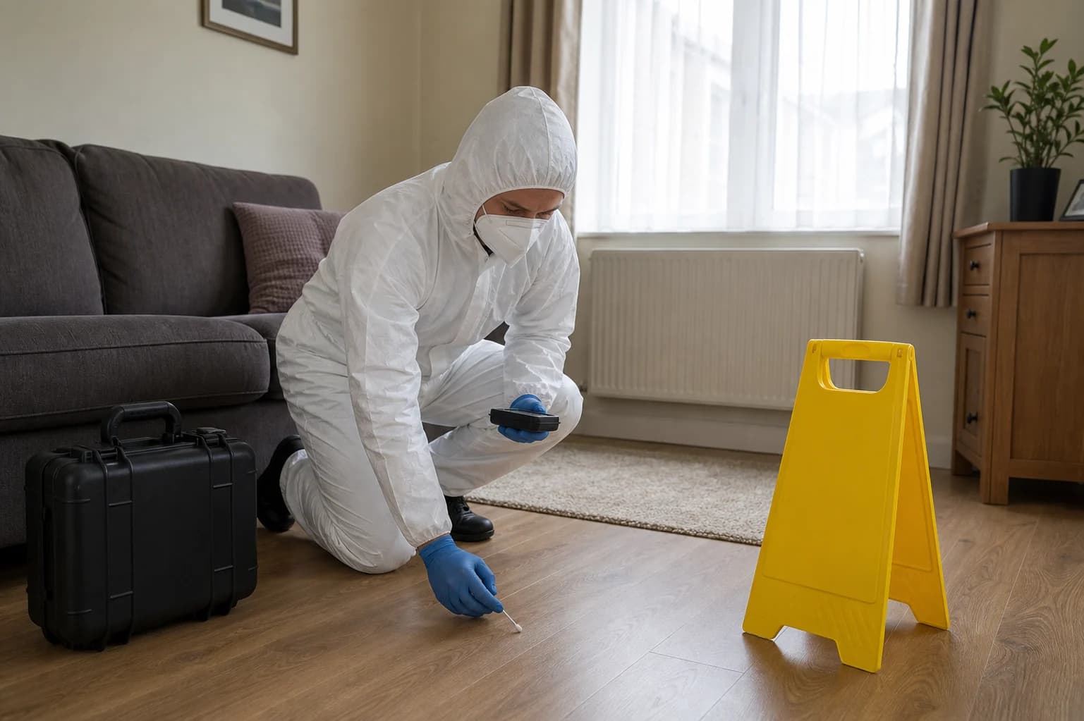 PPE technician inspecting a clean residential room before specialist decontamination